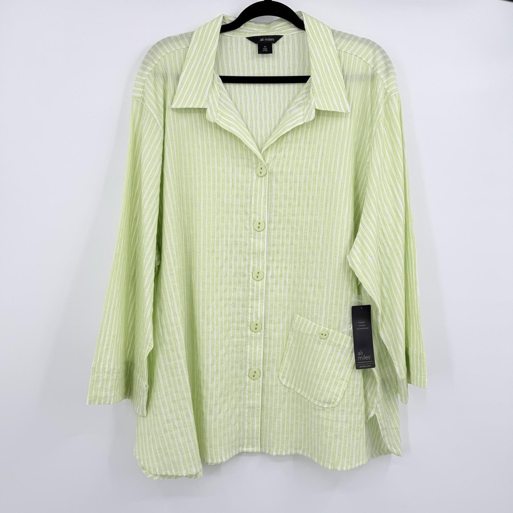 Ali Miles Tunic Button-Up Womens 3X Green Striped Lightweightβ Pocket Casual